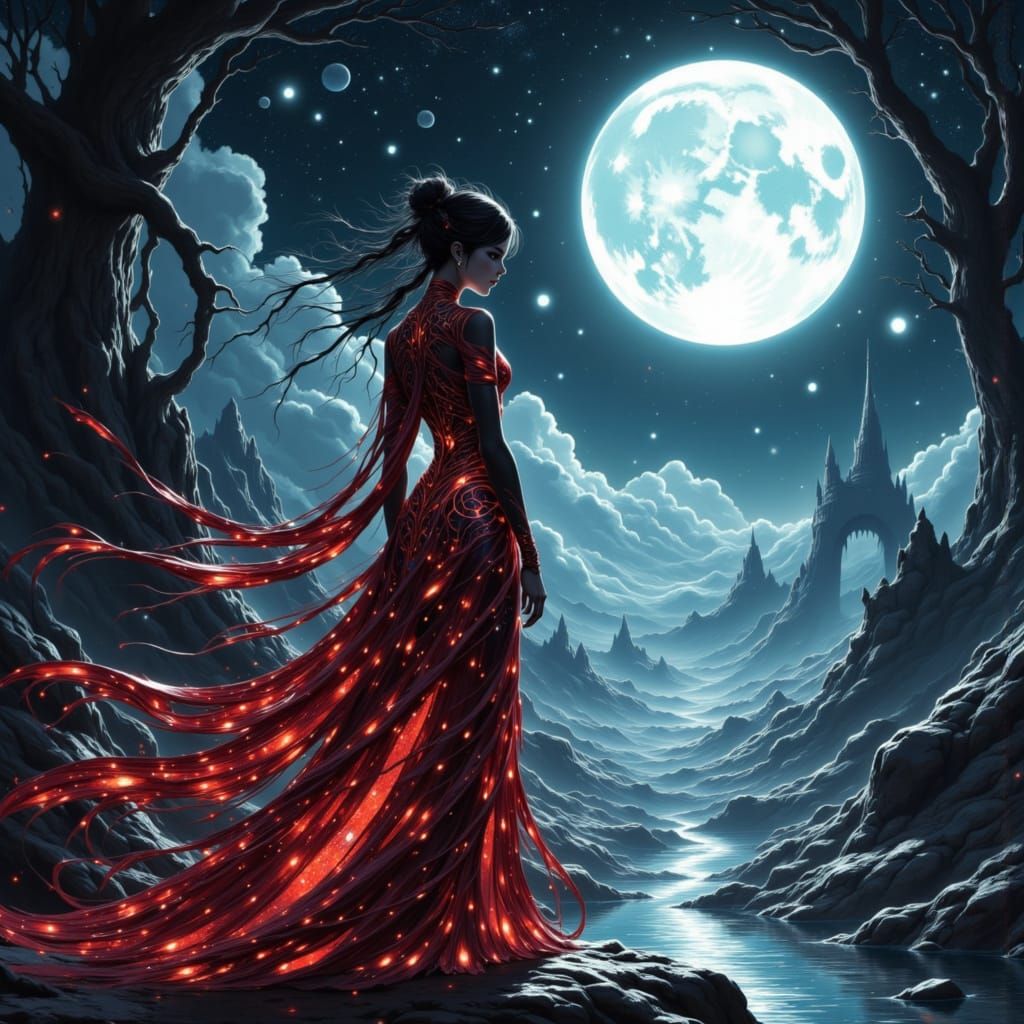 Ethereal Woman on Alien Planet Under Giant Moon