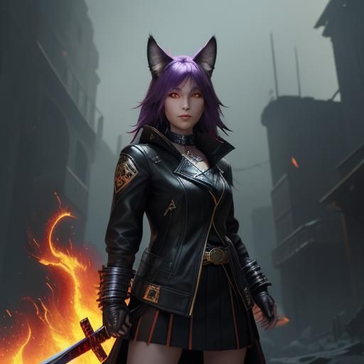 Fantasy Cat-Girl with Katana in Fire Explosion