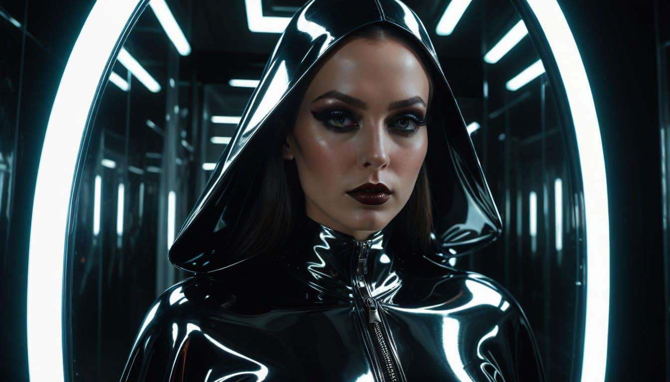 Surreal Priestess Contemplates Futuristic Reflection