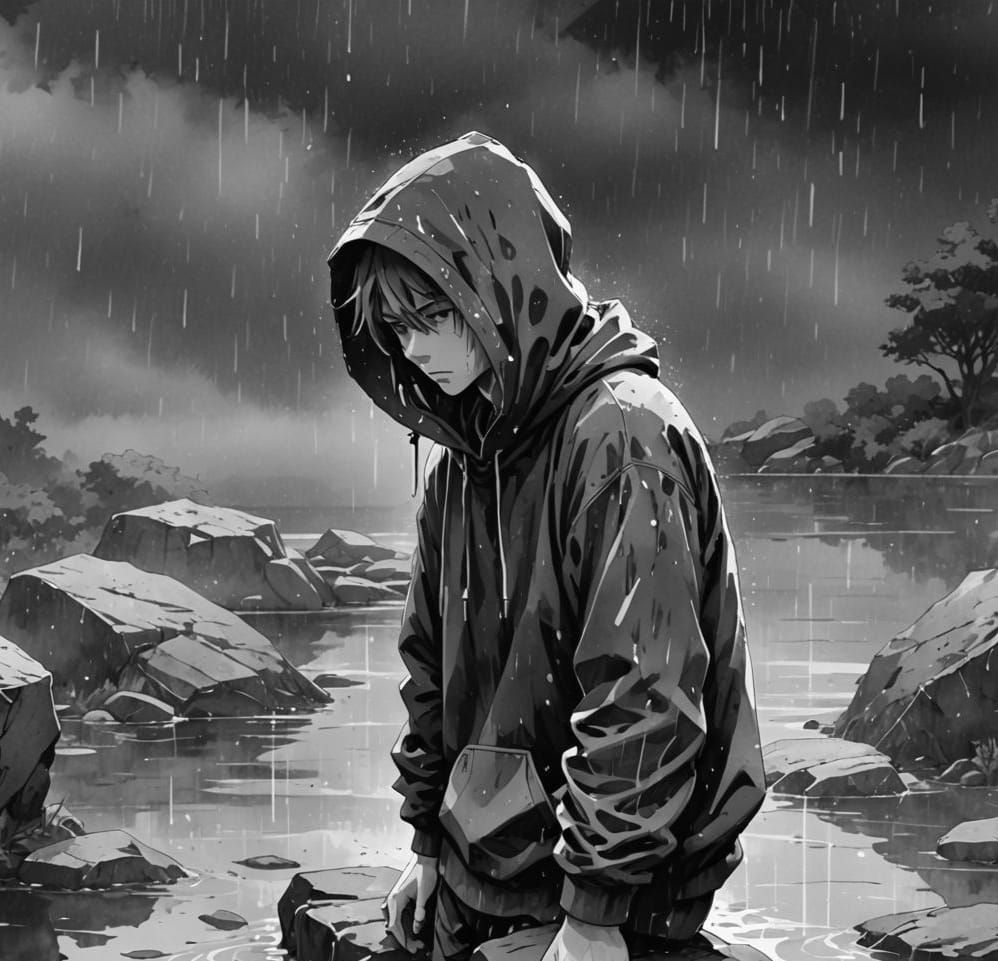 Rainy Lone Figure in Capuchon