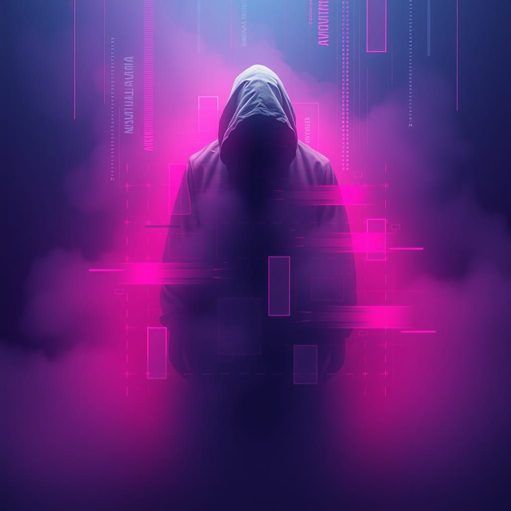 Mystical Figure in Mist with Neon Glitches