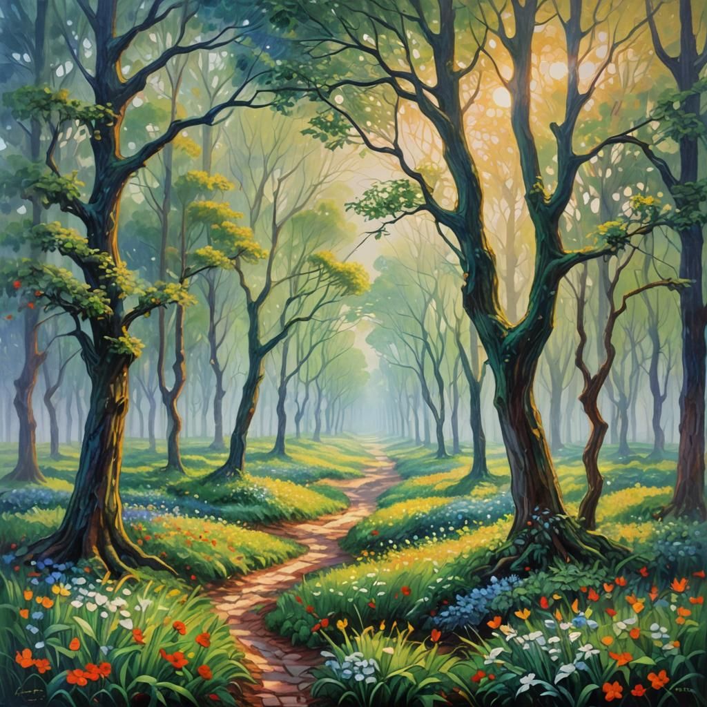 Neo-Impressionist Garden at Dawn: Expressionist Oil Painting