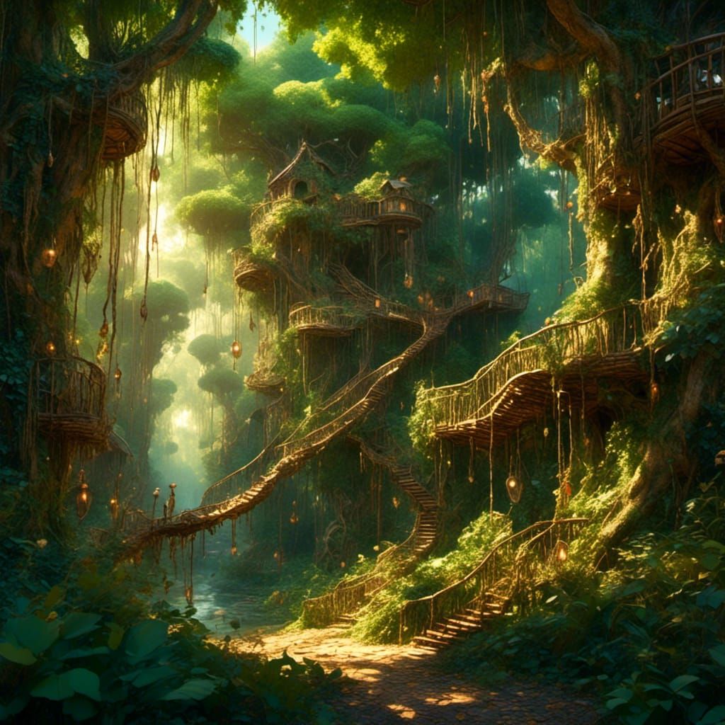 Jungle Treehouses in Whimsical Miyazaki Style