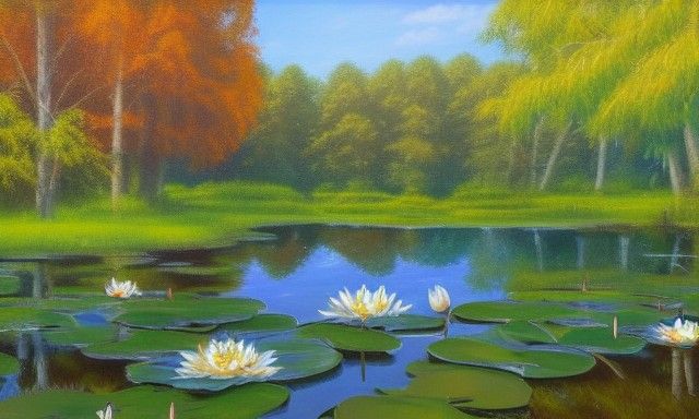 Autumn Forest Pond with Water Lilies: Photorealistic Paintin...