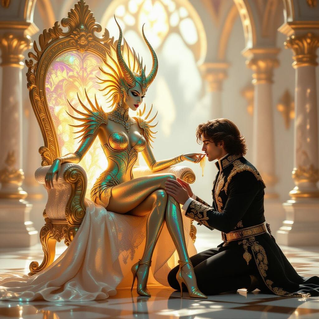 Golden Arthropod Demon Enthroned: A Vermeer-Inspired Scene