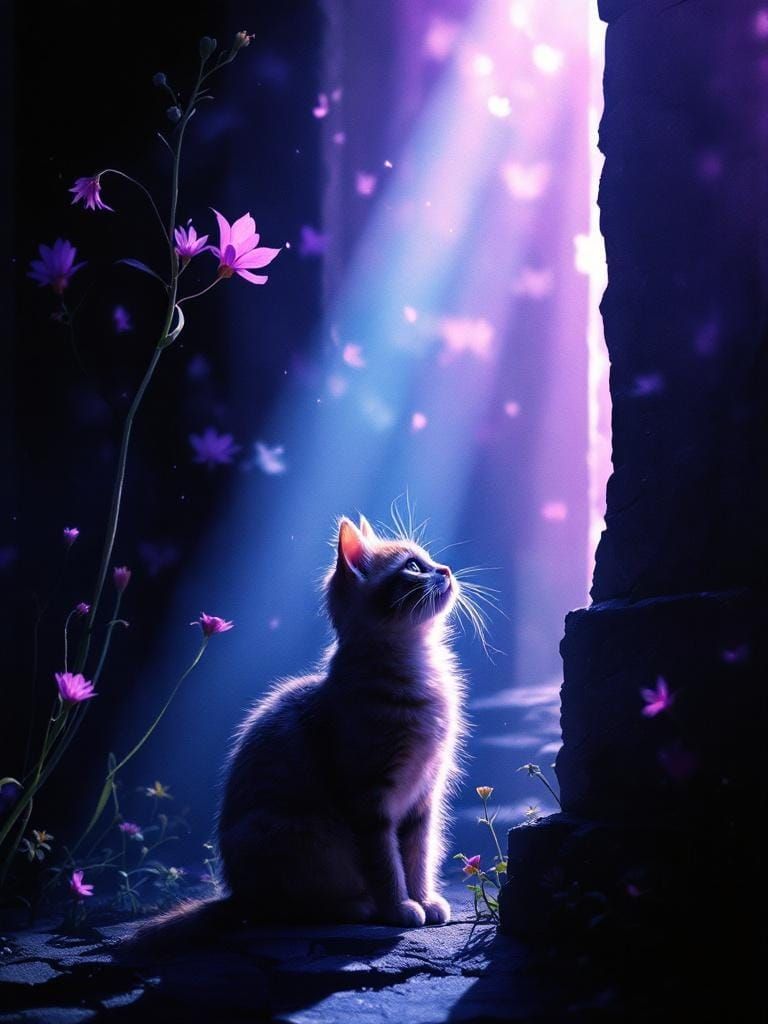 Cat Under Flower with Atmospheric Lighting