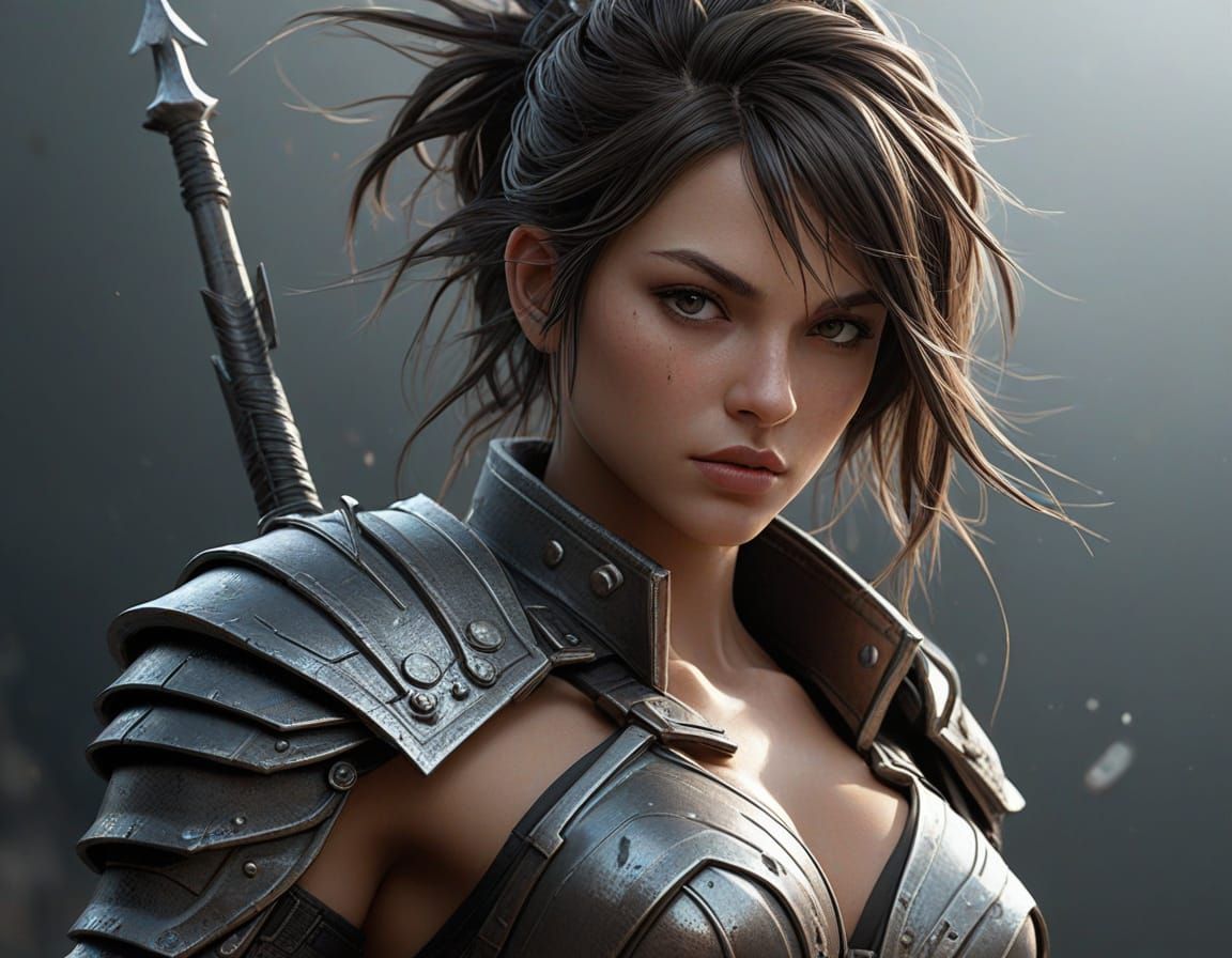 Fearless Female Warrior in Dramatic Silver Haze