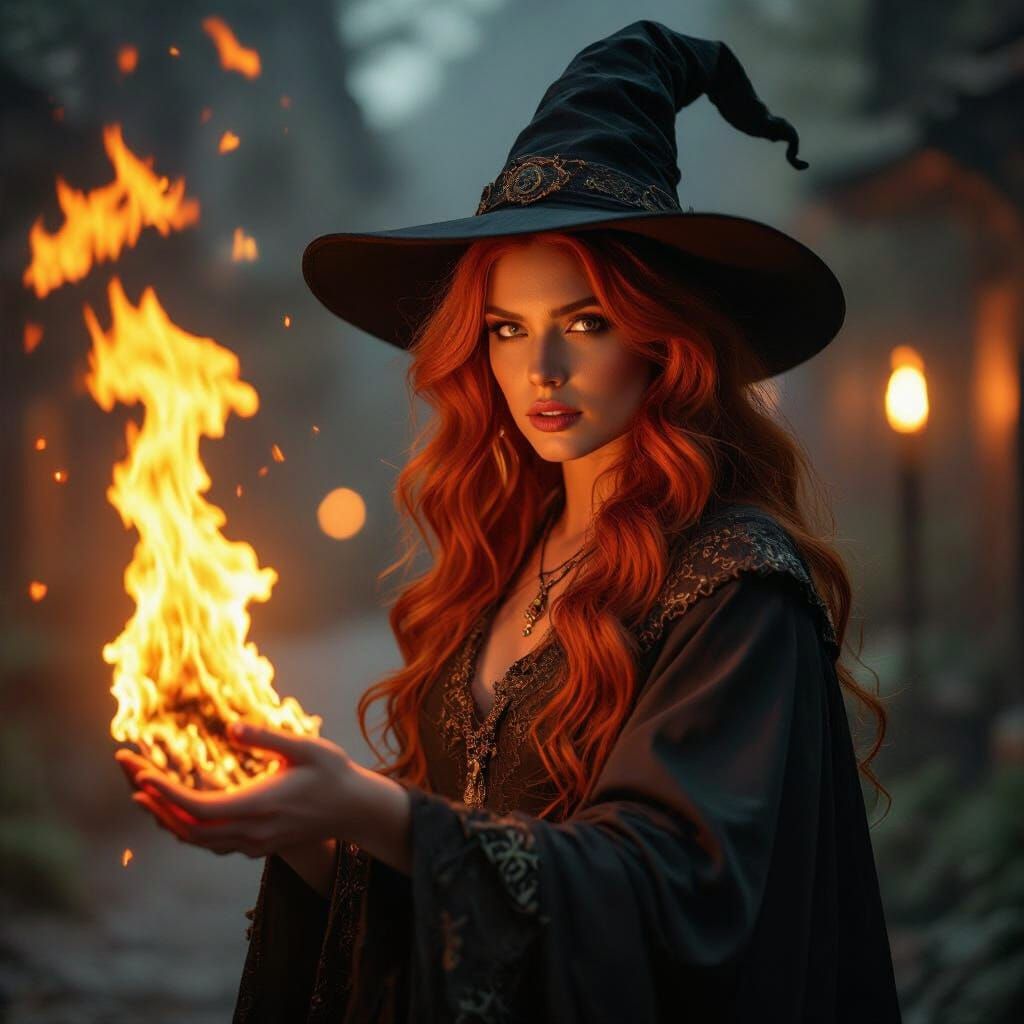 Witch Wielding Fire Elemental Power Cinematic Film Still