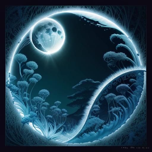 Ethereal Cyanotype Landscapes with Geometric Spirals