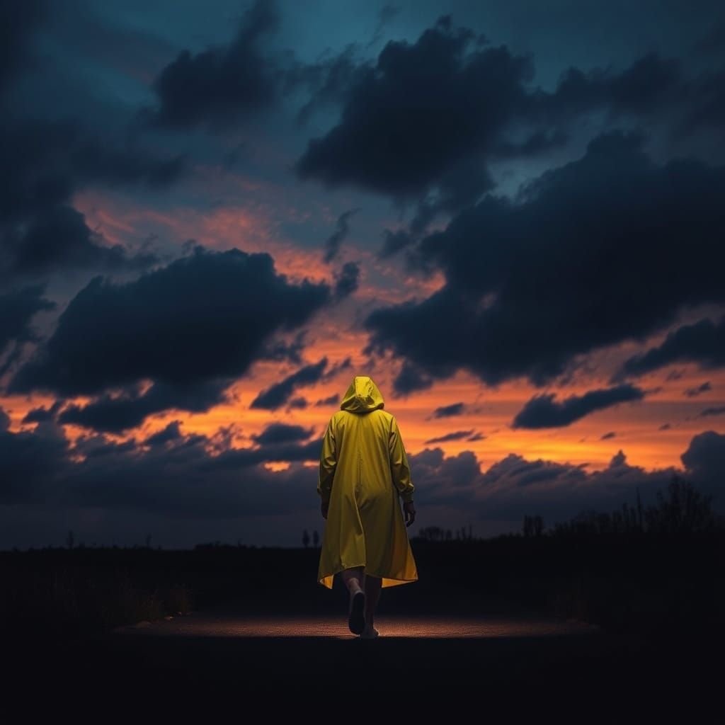 Dramatic Dusk Scene with Woman in Yellow Raincoat