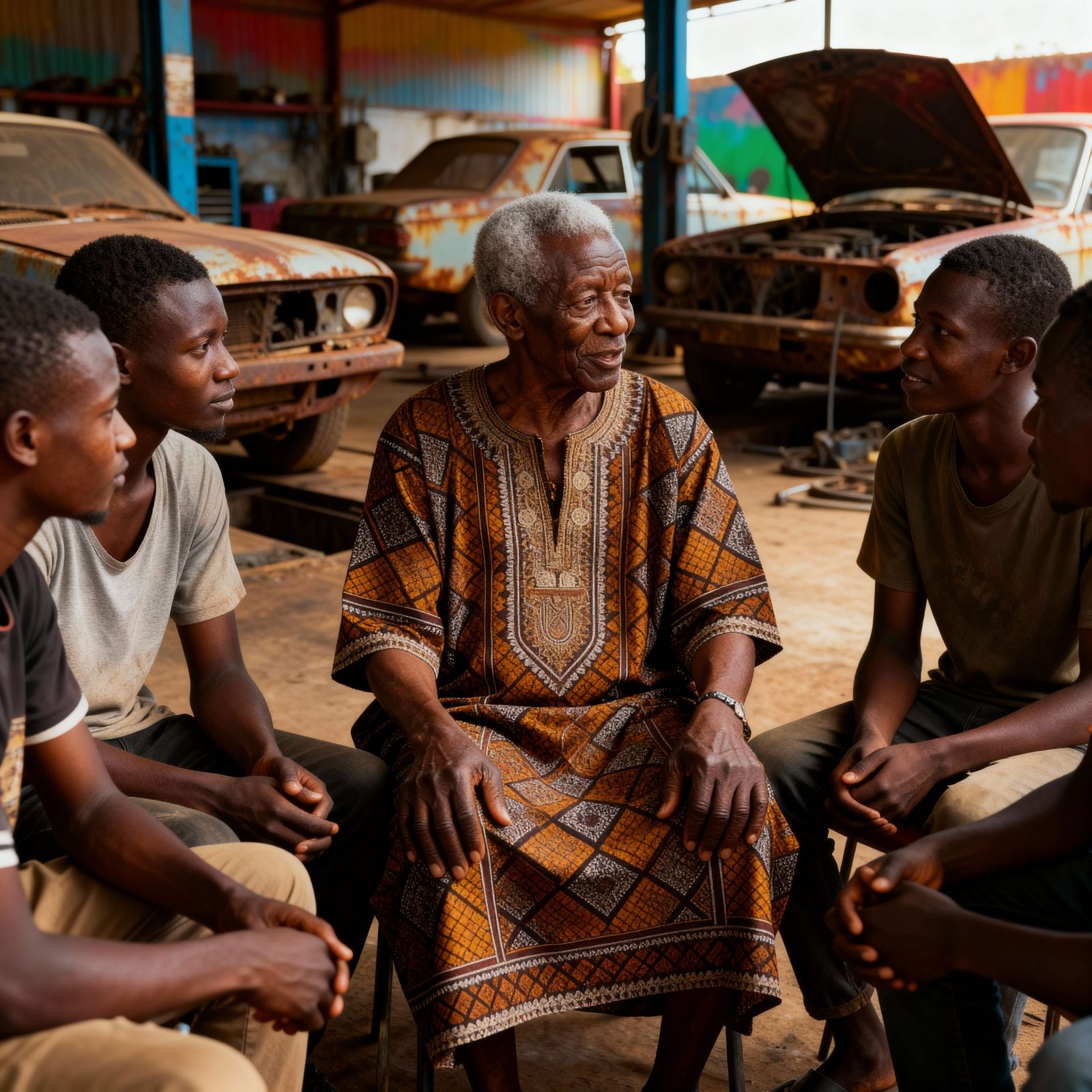 Wise Grandfather Advises Young Men in Mechanic Workshop