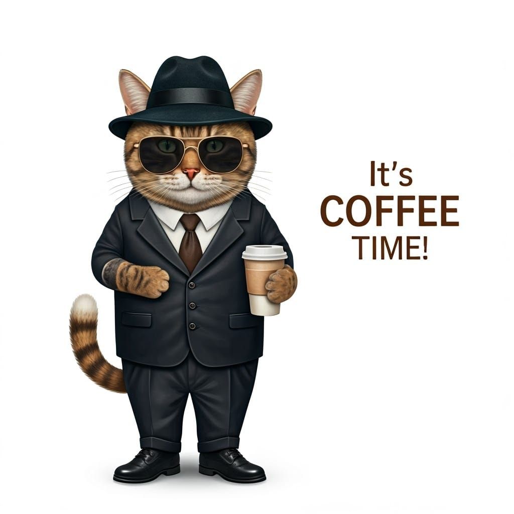 Cat in Suit Cartoon Enjoying Coffee Time