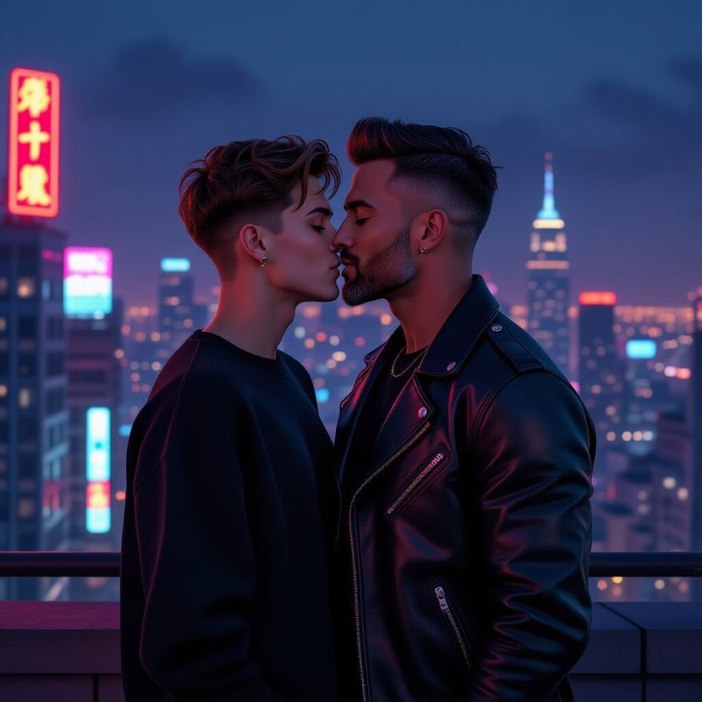 Gay Couple Kiss on Rooftop Overlooking Cyberpunk City
