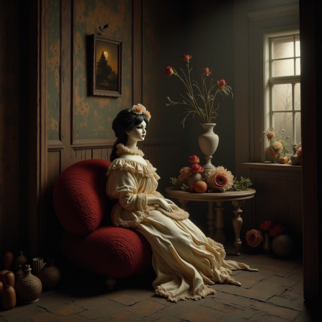 Antique Porcelain Doll in Moonlit Attic
