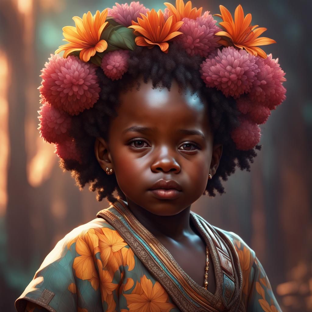 African Toddler Portrait with Flowers, Hyperdetailed Art