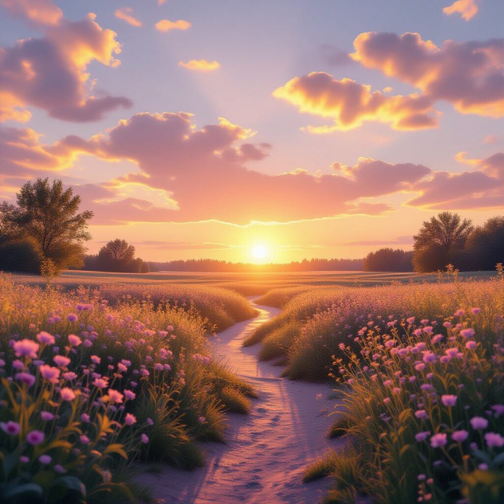 Dreamy Sunrise Landscape with Calm Path