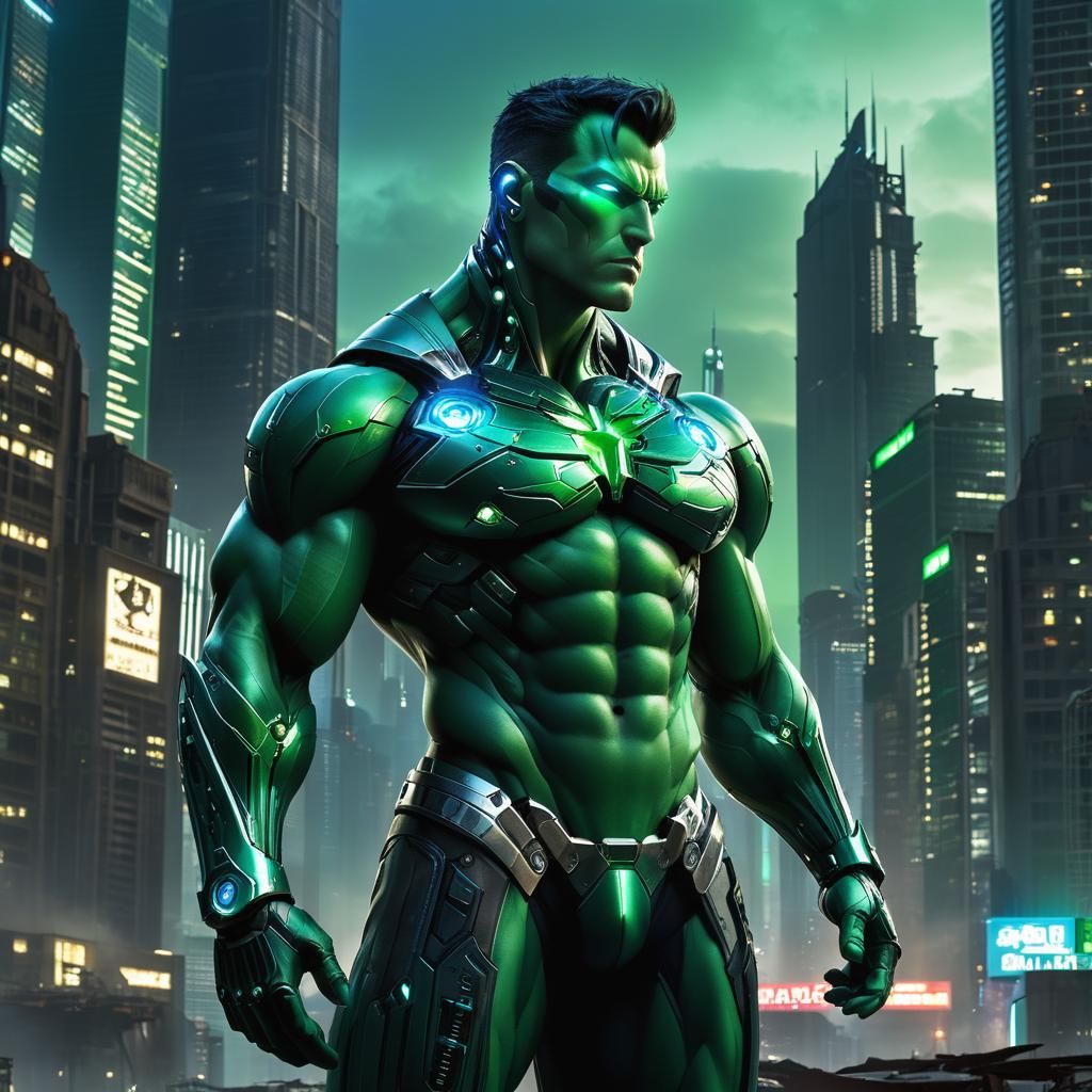 Muscular Green Man in Dystopian Metropolis