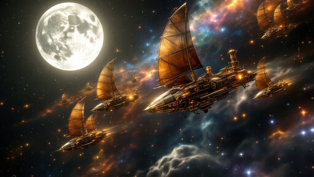 Steampunk Spaceships Cruise through a Vibrant Starfield
