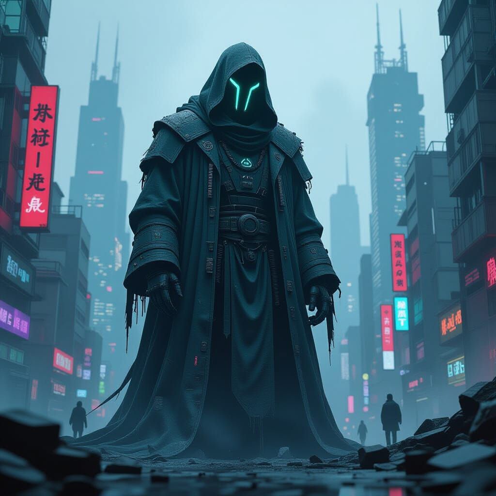 Towering Glitch God in Dystopian Cyberpunk Cityscape