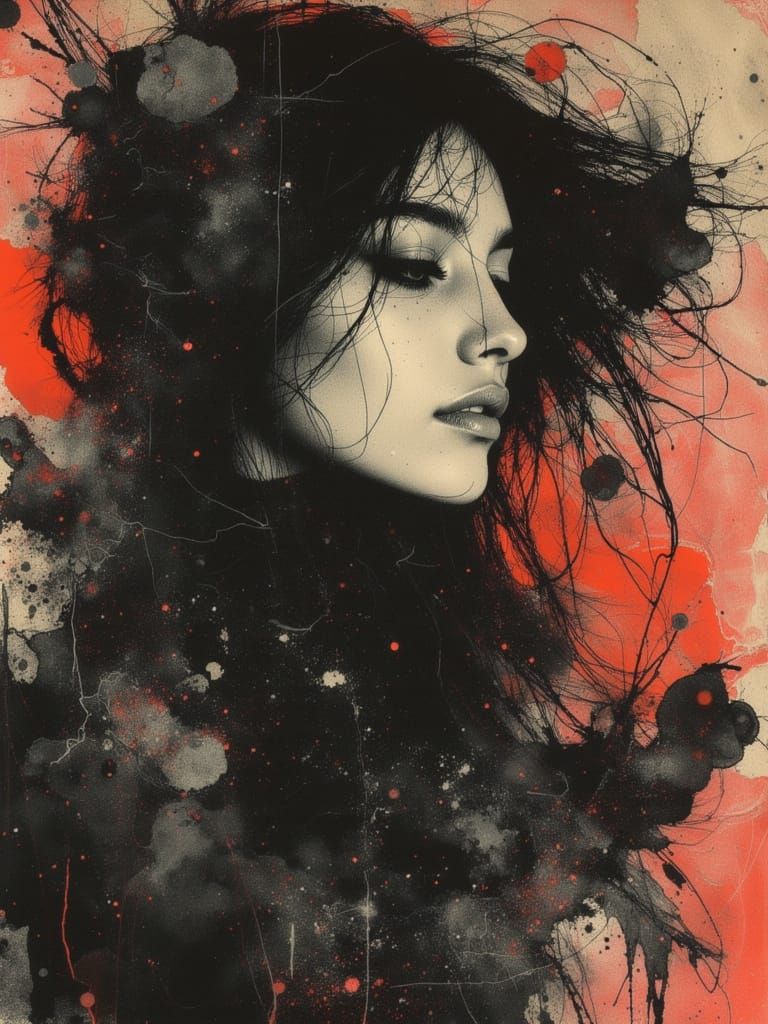 Melancholic Gothic Woman Portrait in Neon Grunge Style