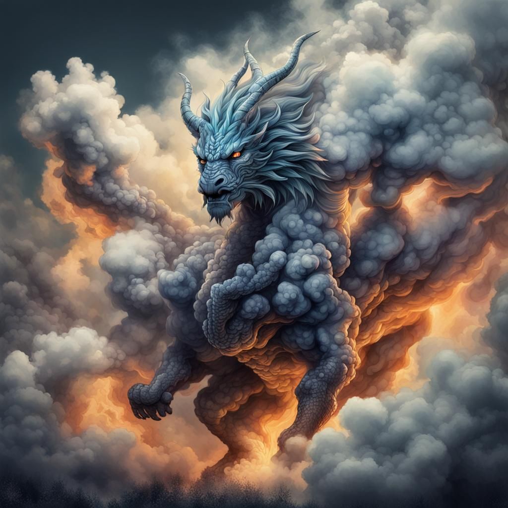 Mythical Creature Emerges from Dramatic Smoke Cloud