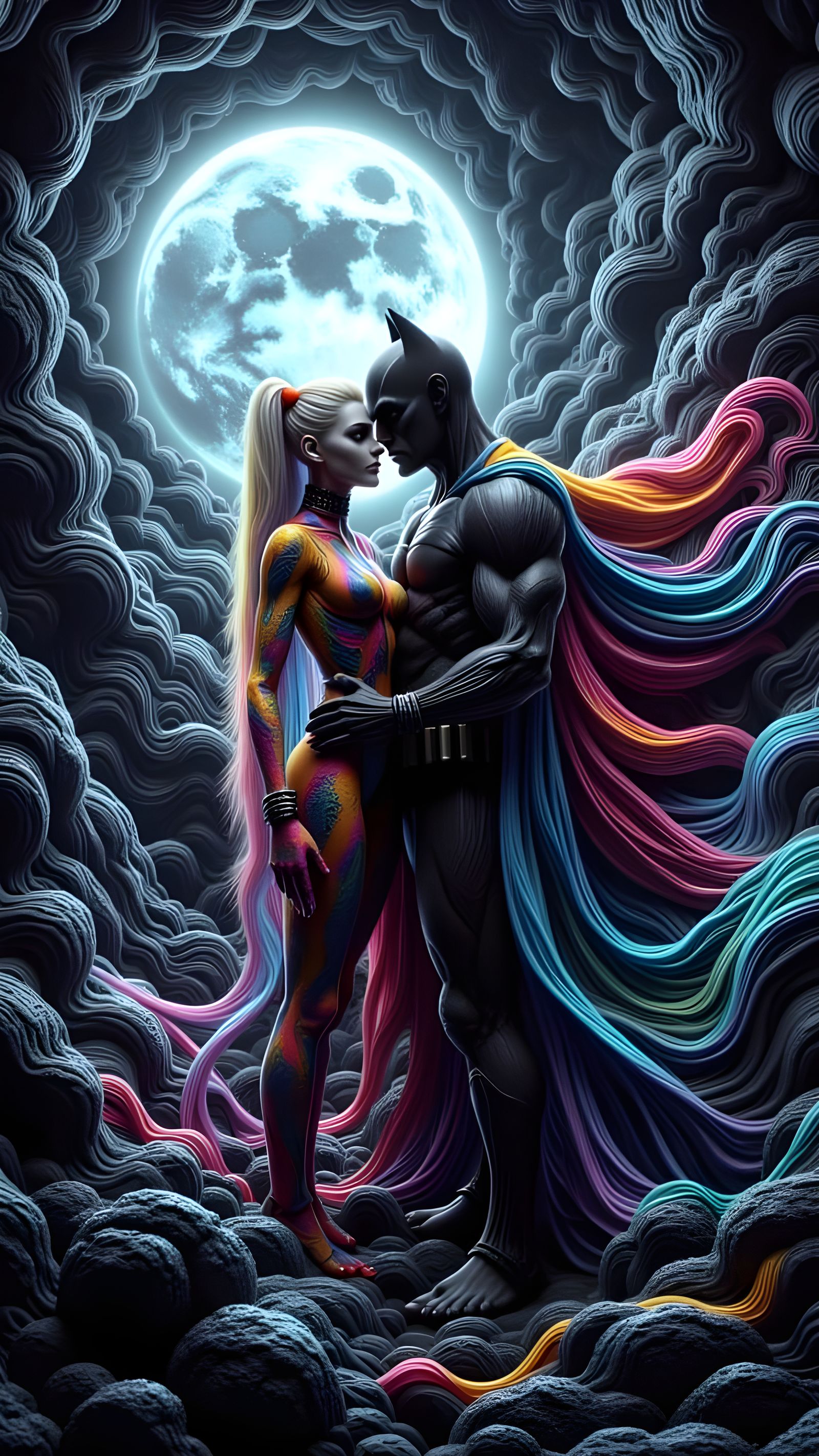 Glowing Harley Quinn Hugs Batman in a Neon-Lit Cityscape