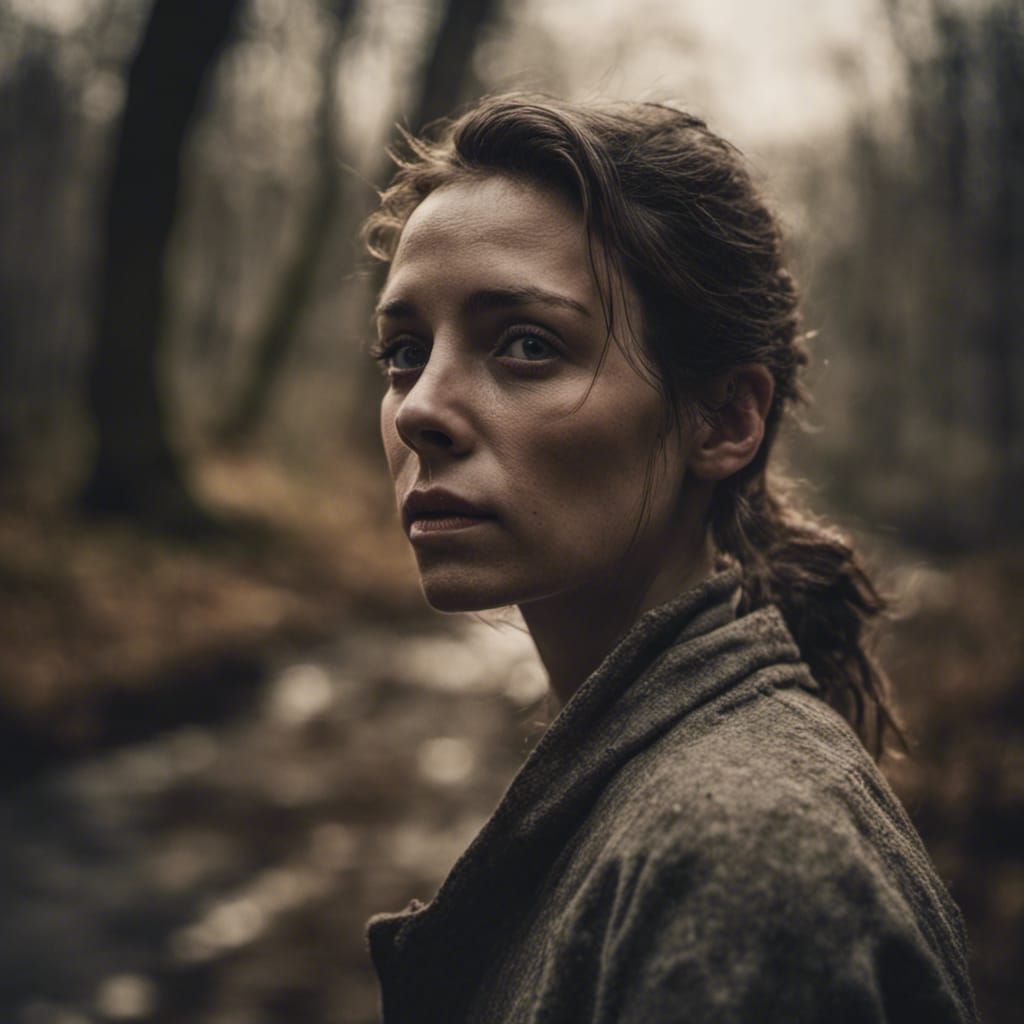Woman Walks by Stream: Cinematic Portrait