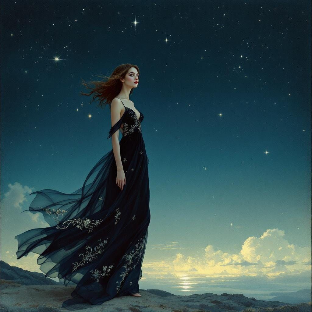 Woman in Gown Under Starry Sky, Art Nouveau Style