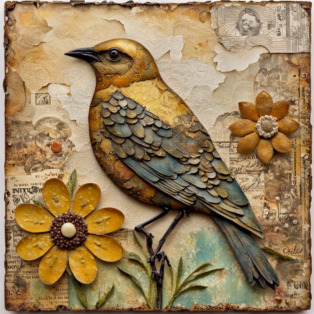 Folk Art Bird on Flower, Encaustic Collage