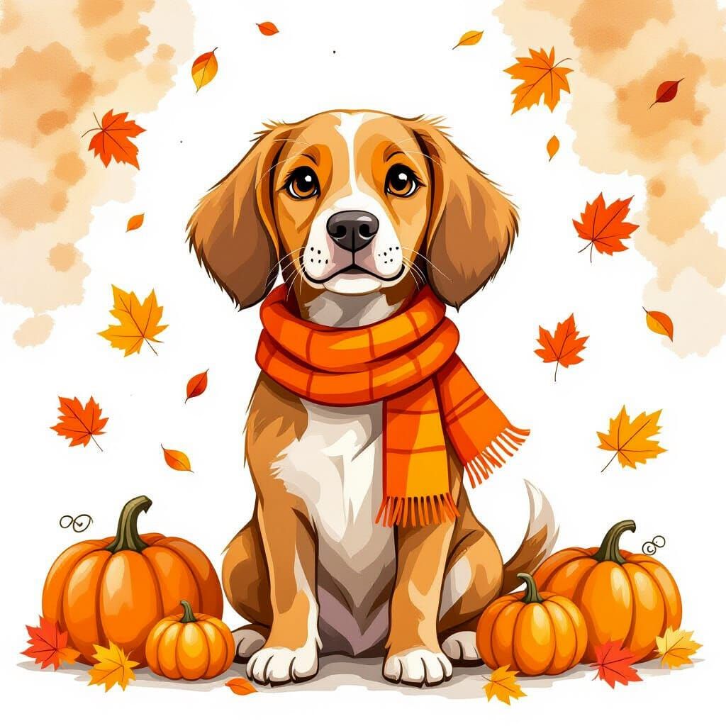 Vizsla Dog in Watercolor Illustration with Autumnal Motifs