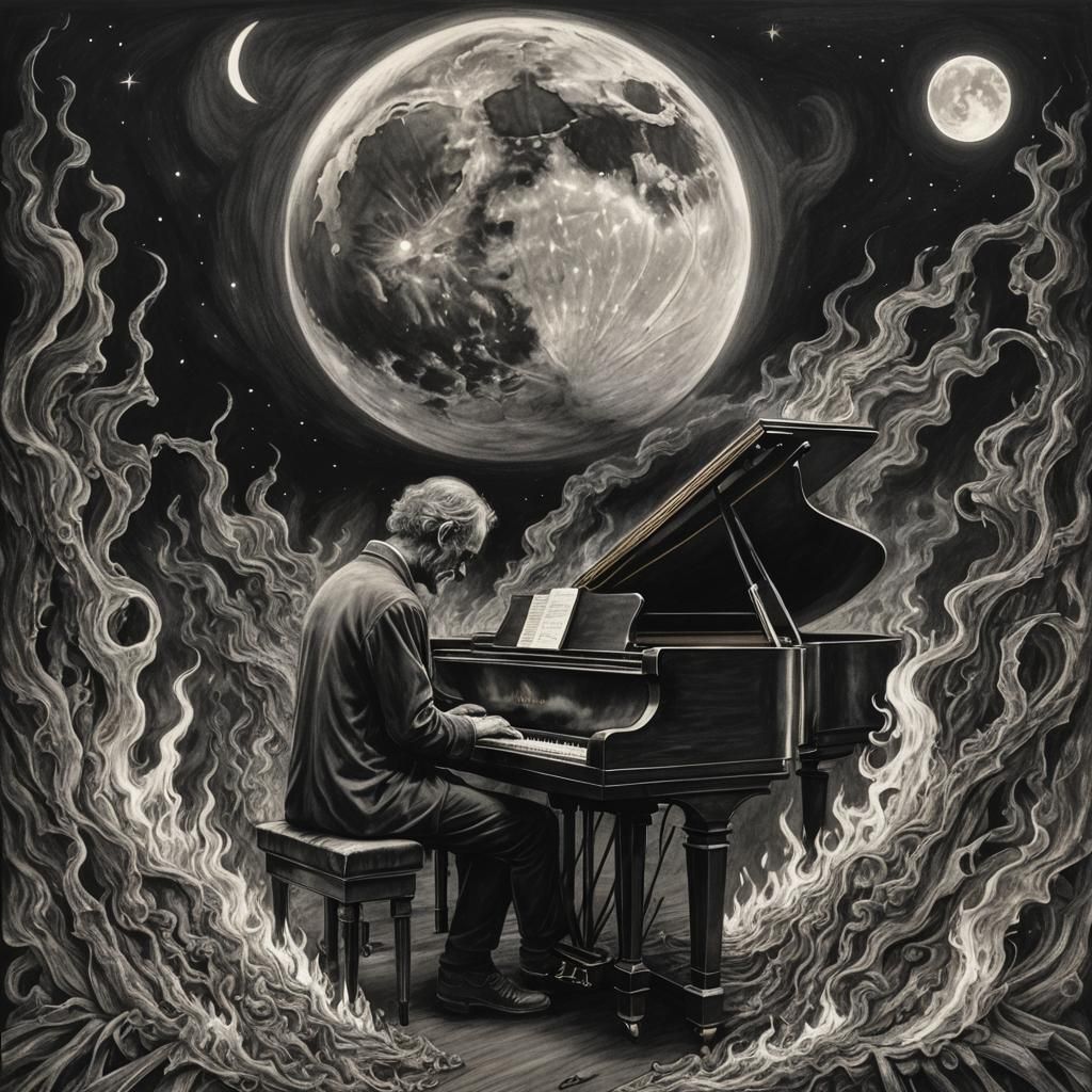 Melancholic Musician Plays Piano in Burning Moonlight