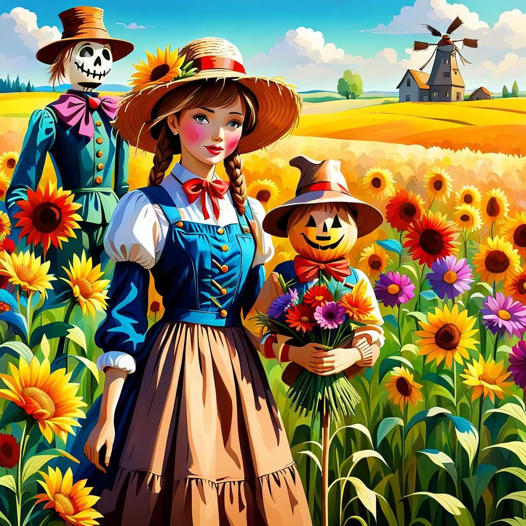 Woman with Flowers and Scarecrow: Digital Art