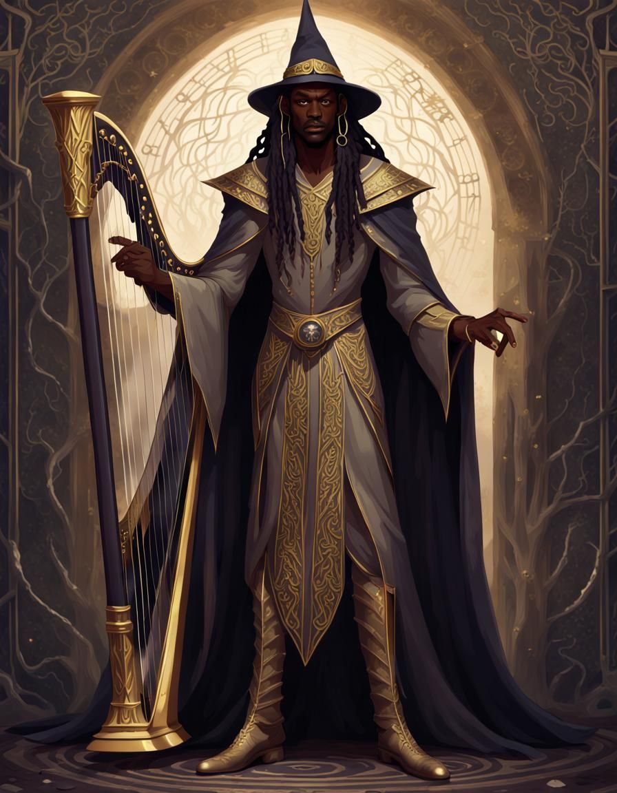 Dark Elf Wizard Playing Harp in Art Deco Gothic Style