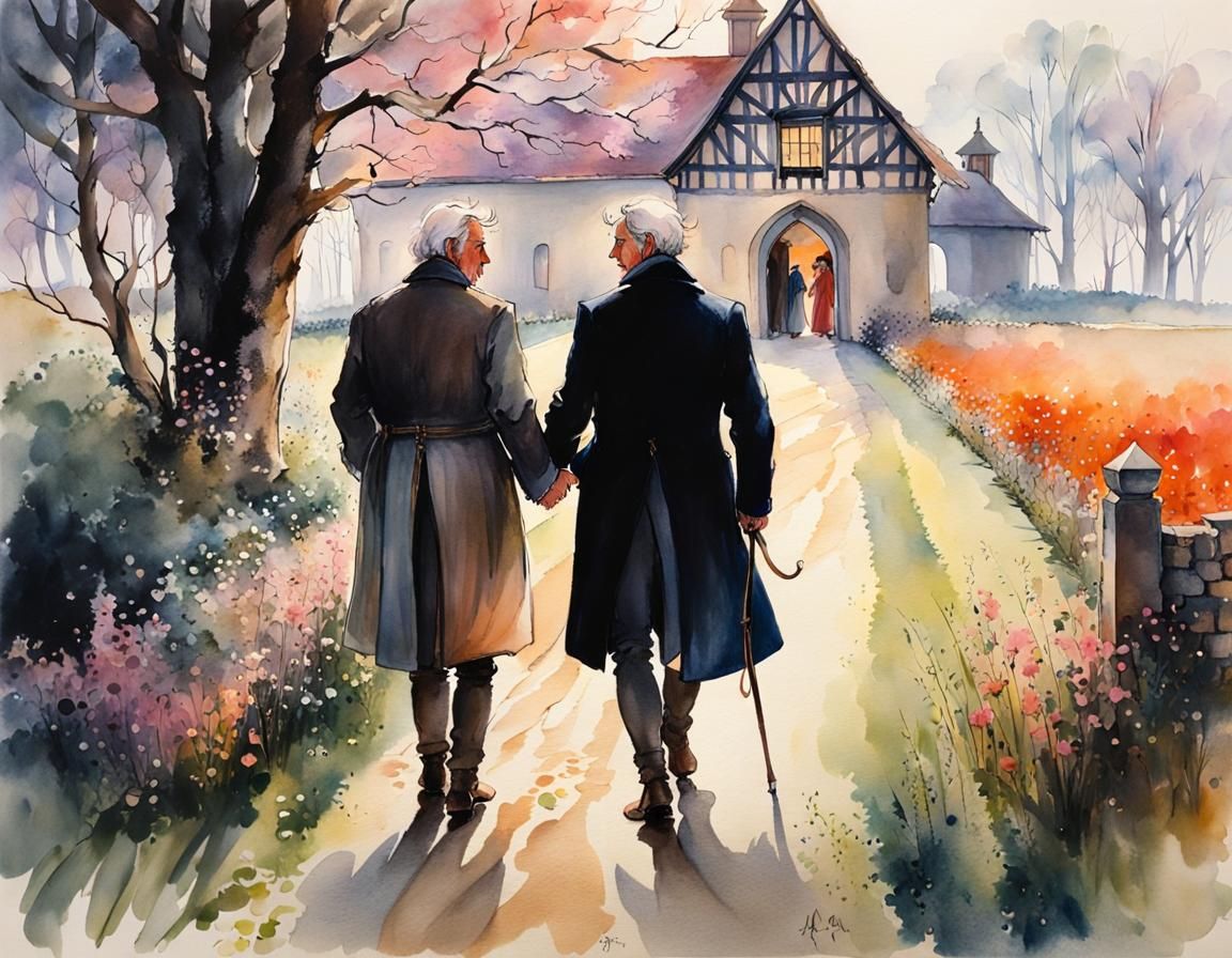 Gay Couple Stroll at Dawn: Watercolor Manor Scene