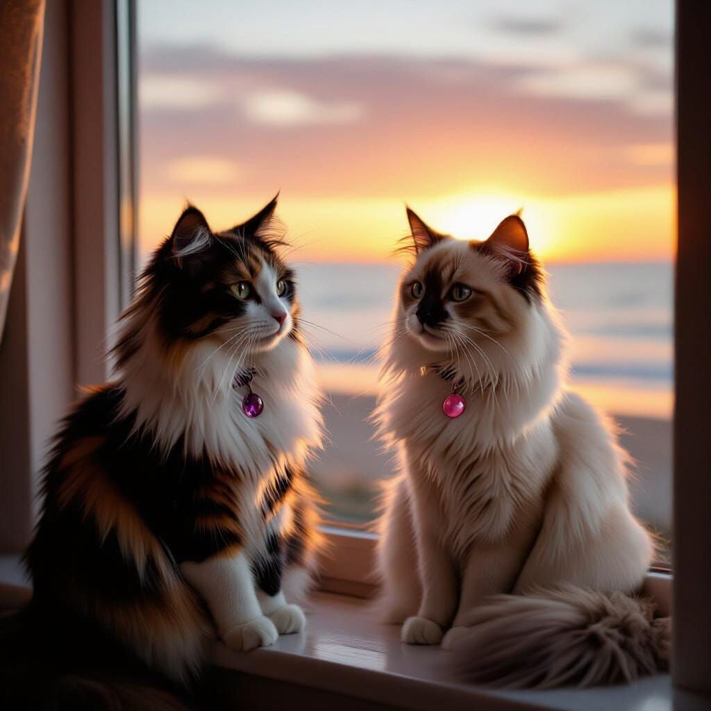 Two Beautiful Long-Haired Cats on Sunlit Sill
