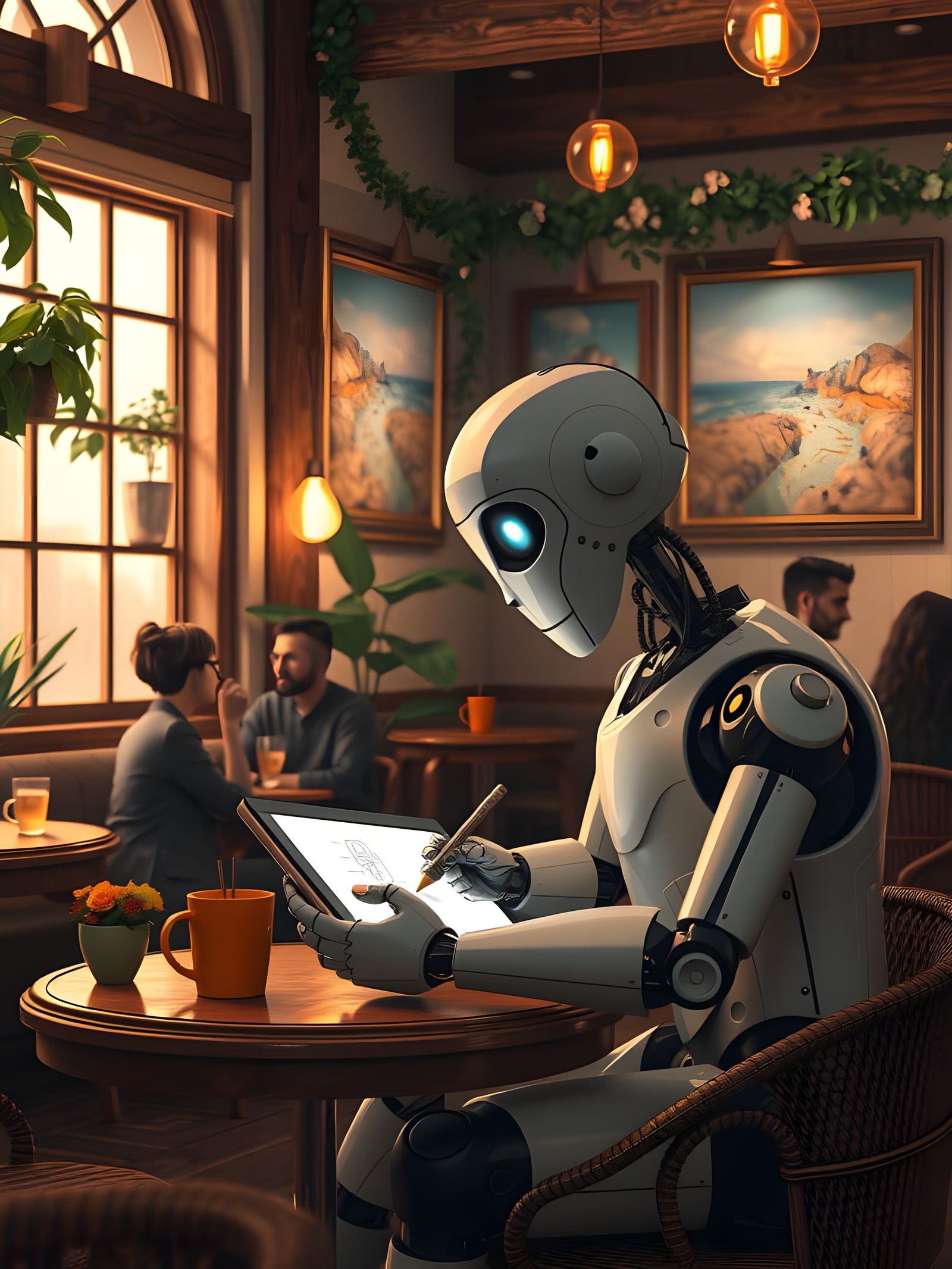 Cozy Café Scene of AI Robot Creating Art