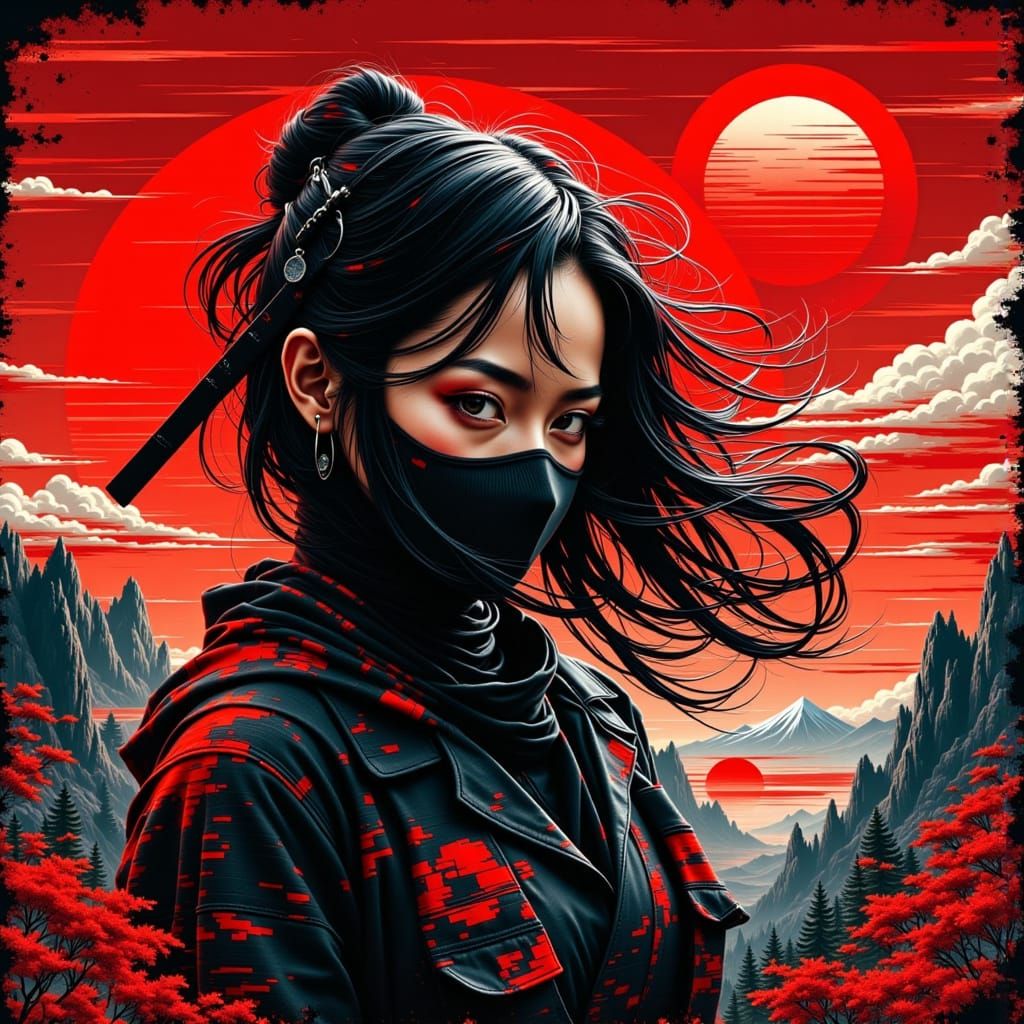 Digital Ninja Goddess in Cyberpunk Landscape