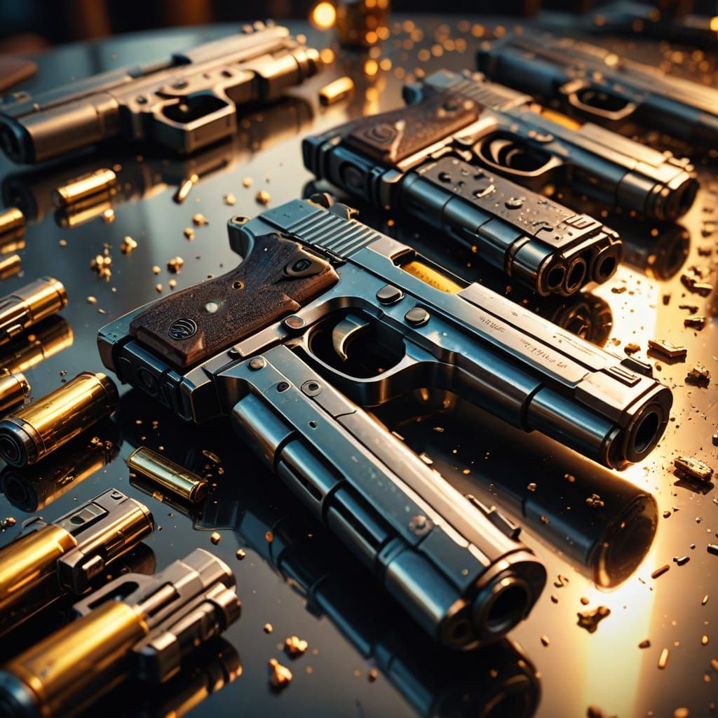 Golden Guns on a Metallic Table in Hyper-Realistic Digital A...