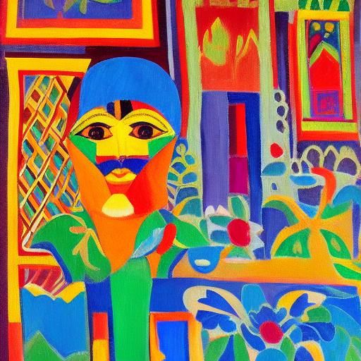 Elegant Woman in Fauvist Oil Painting With Wood Carvings