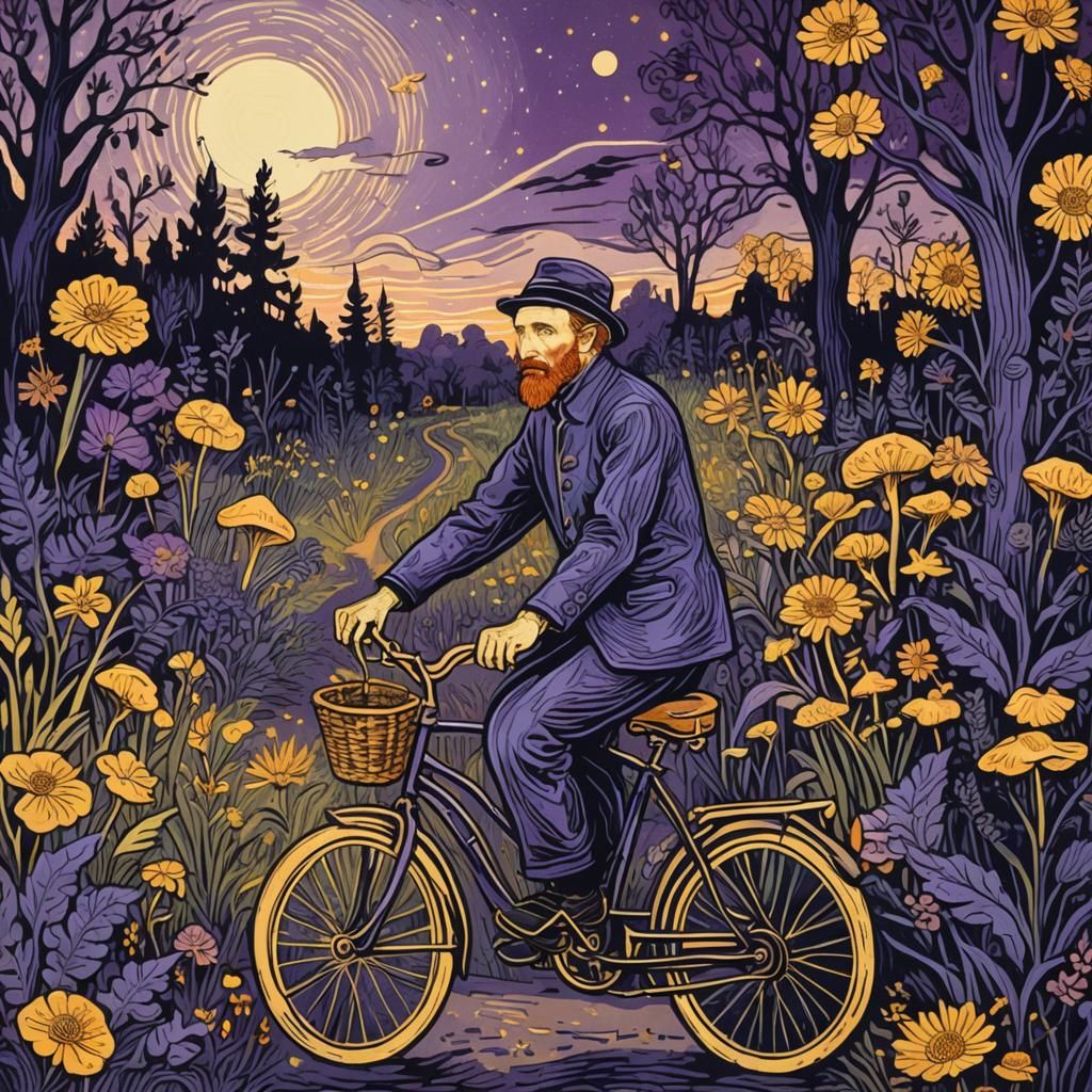 Van Gogh Rides a Bicycle: Expressive Linocut Print