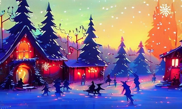 Christmas Fantasy Village with Snowmen in Winter Snowstorm