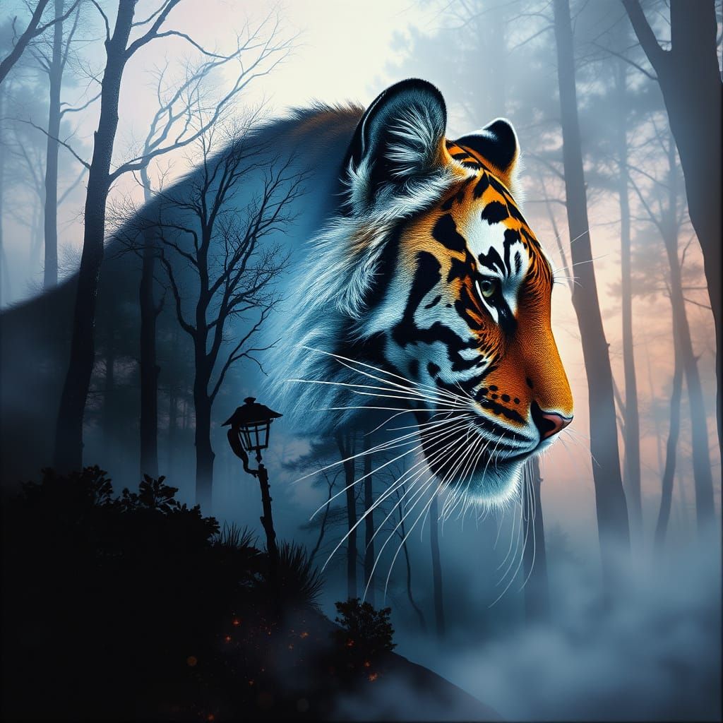 Surreal Tiger Silhouette in Forest, Gouache Style