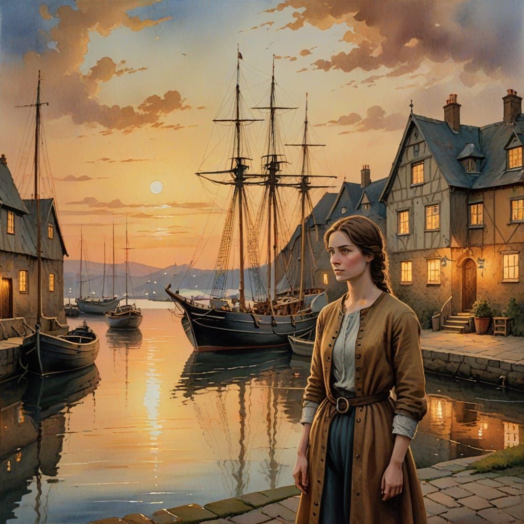 Medieval Harbour Scene in Watercolour Style