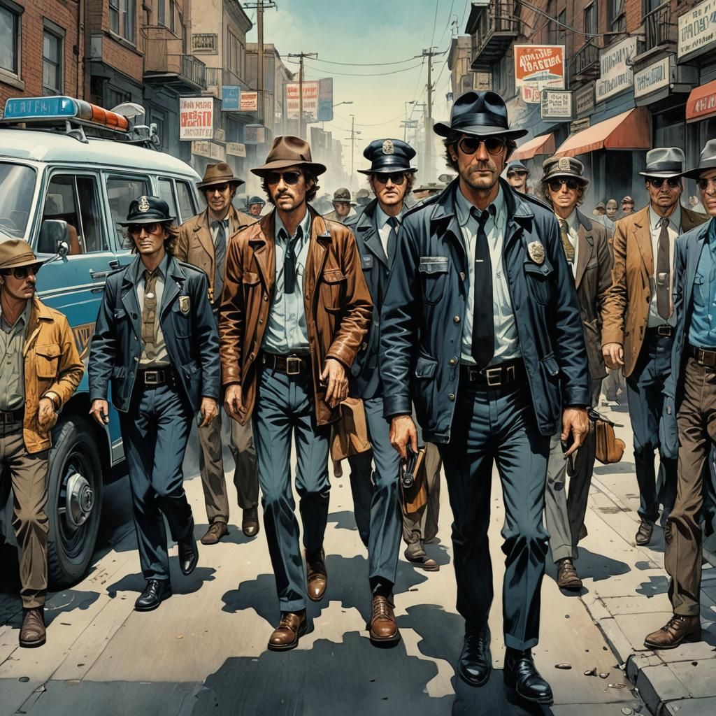 1960s Police Following Hippies in Film Noir Style