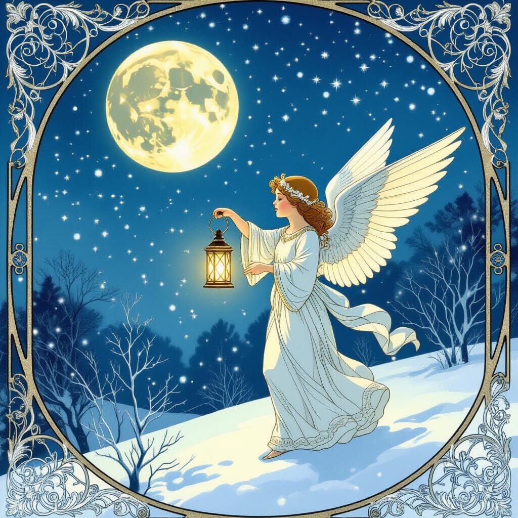 Angel with Lantern on Serene Winter Night