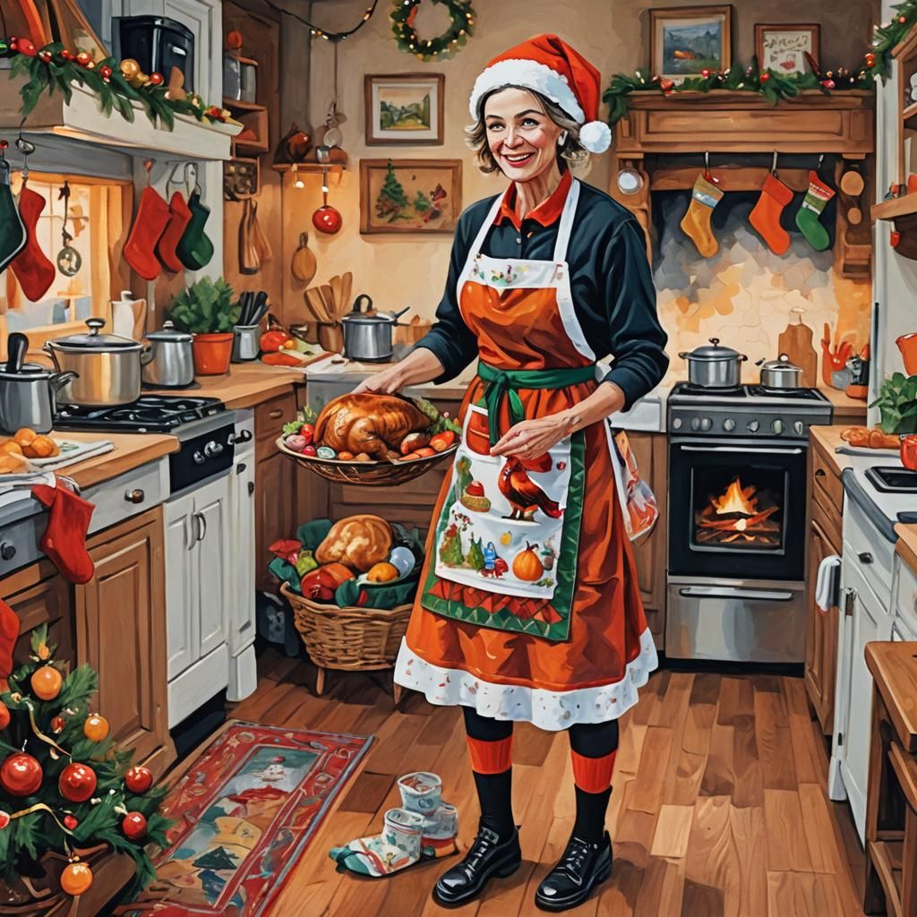 Whimsical Christmas Kitchen Illustration in Mixed Media