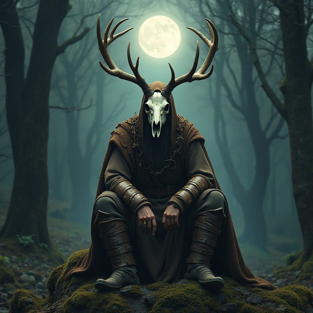 Norse Shaman with Deer Skull Mask in Moonlit Woods