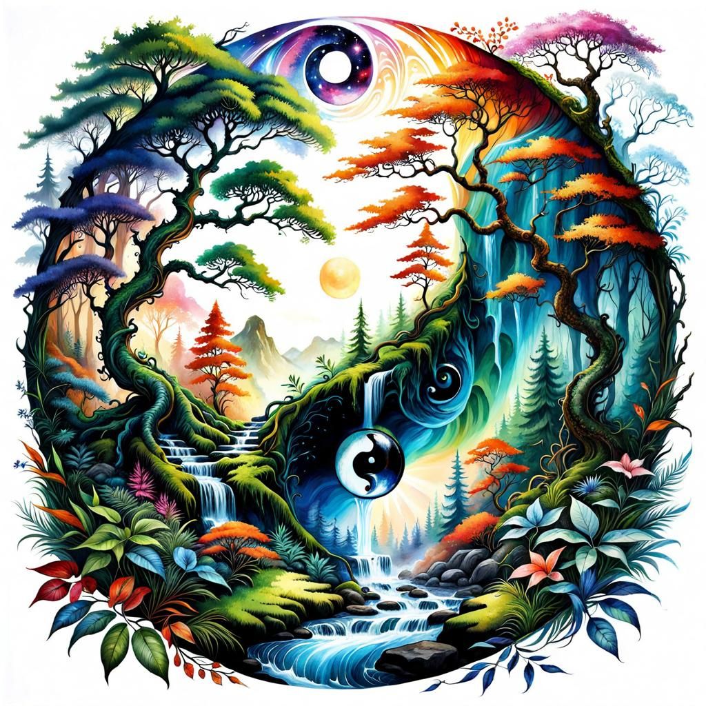 Nature Yin Yang in Watercolor Style