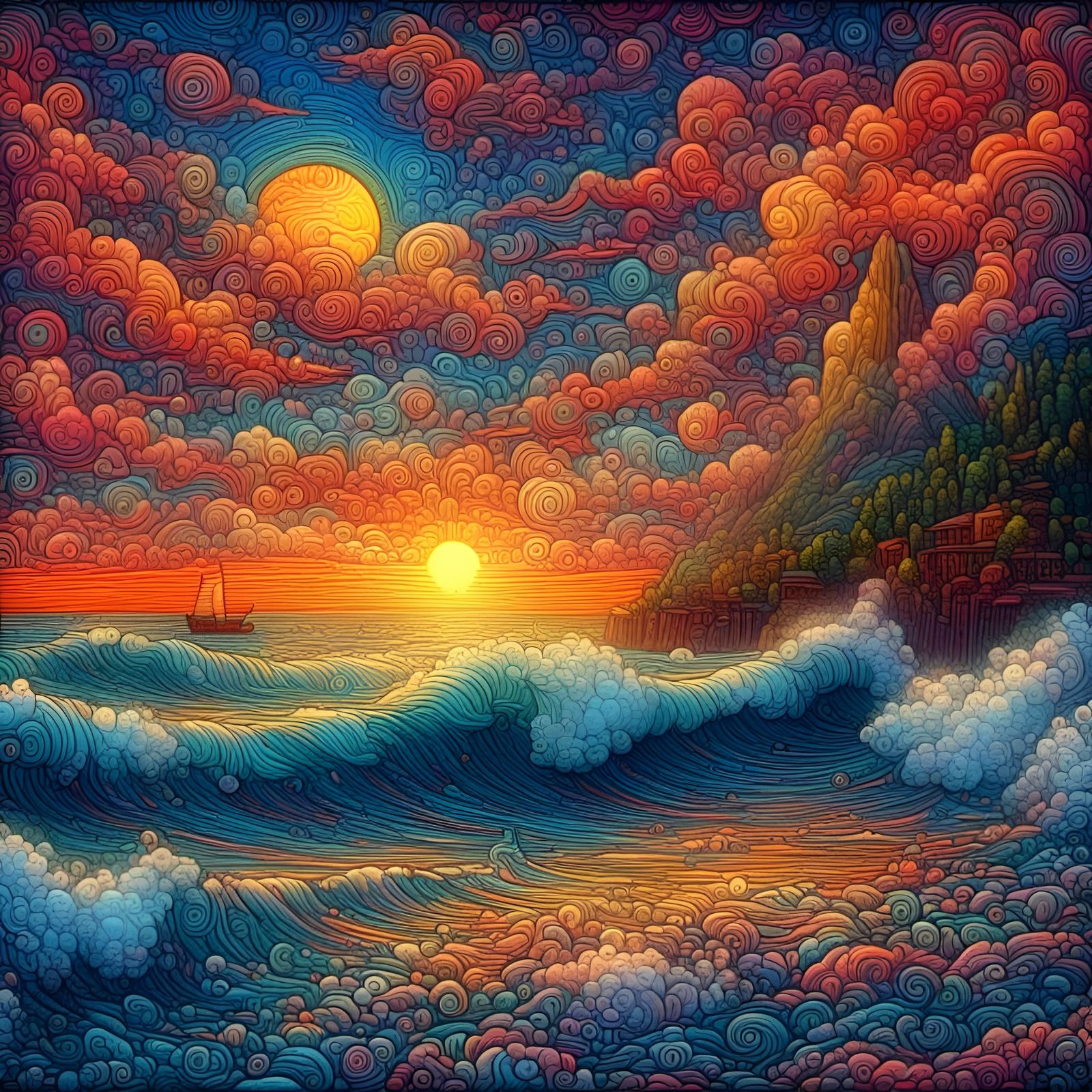Psychedelic Sunset Paradise with Dreamlike Lines