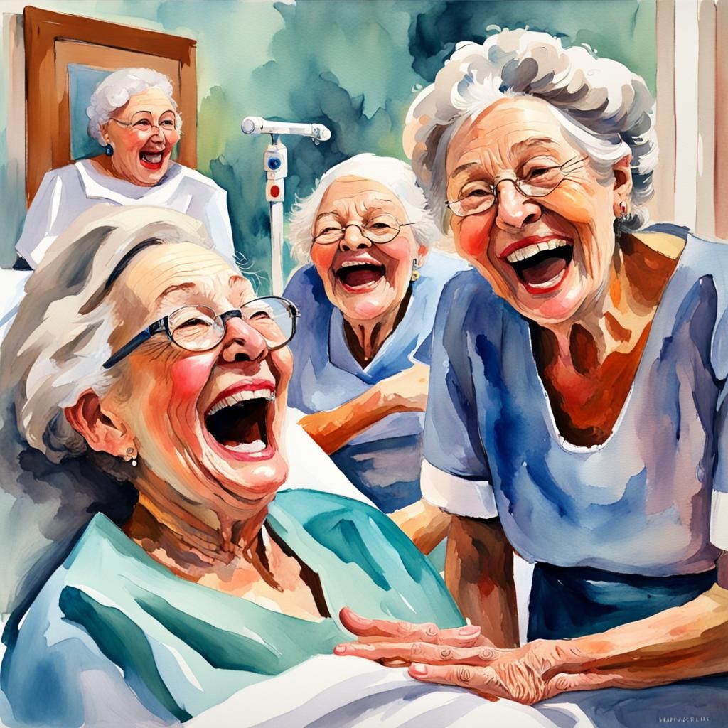 Elderly Ladies Laughing in Hospital: Watercolor Gouache Styl...